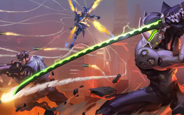 High-definition wallpaper featuring Pharah and Genji from Overwatch, showcasing an action-packed scene with dynamic movement and vibrant colors in a futuristic setting.