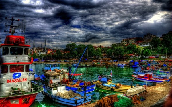 Photography HDR Turkey Town Marina Boat Cloud Tree Harbor HD Wallpaper | Background Image