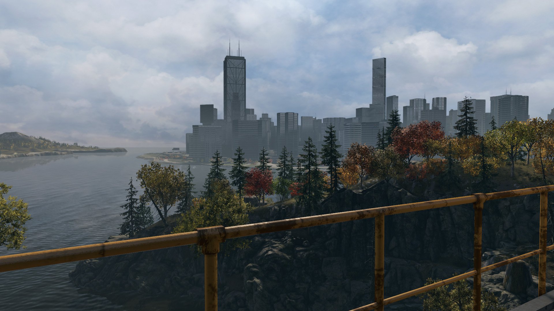 HD PC desktop wallpaper featuring a misty cityscape and autumn trees from the video game Watch Dogs, capturing an atmospheric urban environment.
