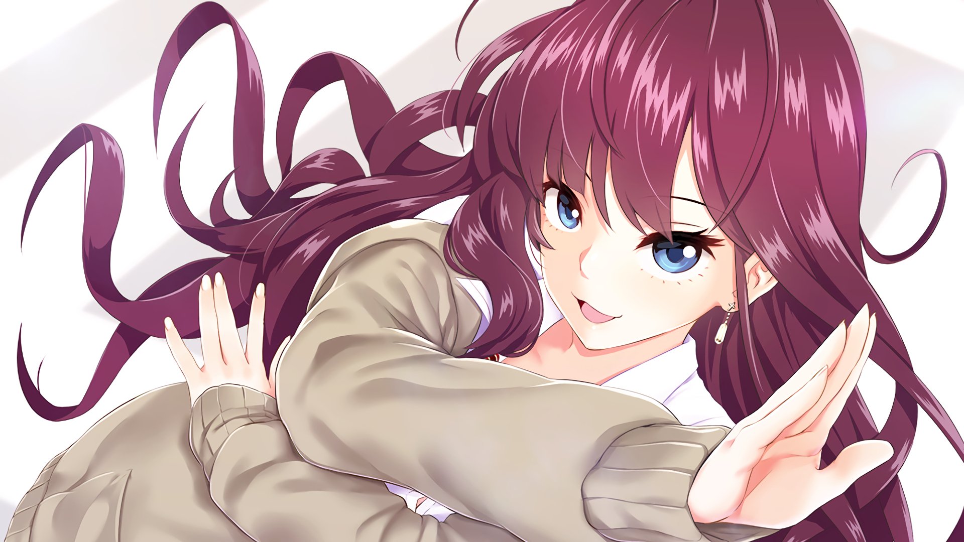 Anime-style HD PC desktop wallpaper featuring a vibrant character from The iDOLM@STER Cinderella Girls with flowing purple hair and striking blue eyes.