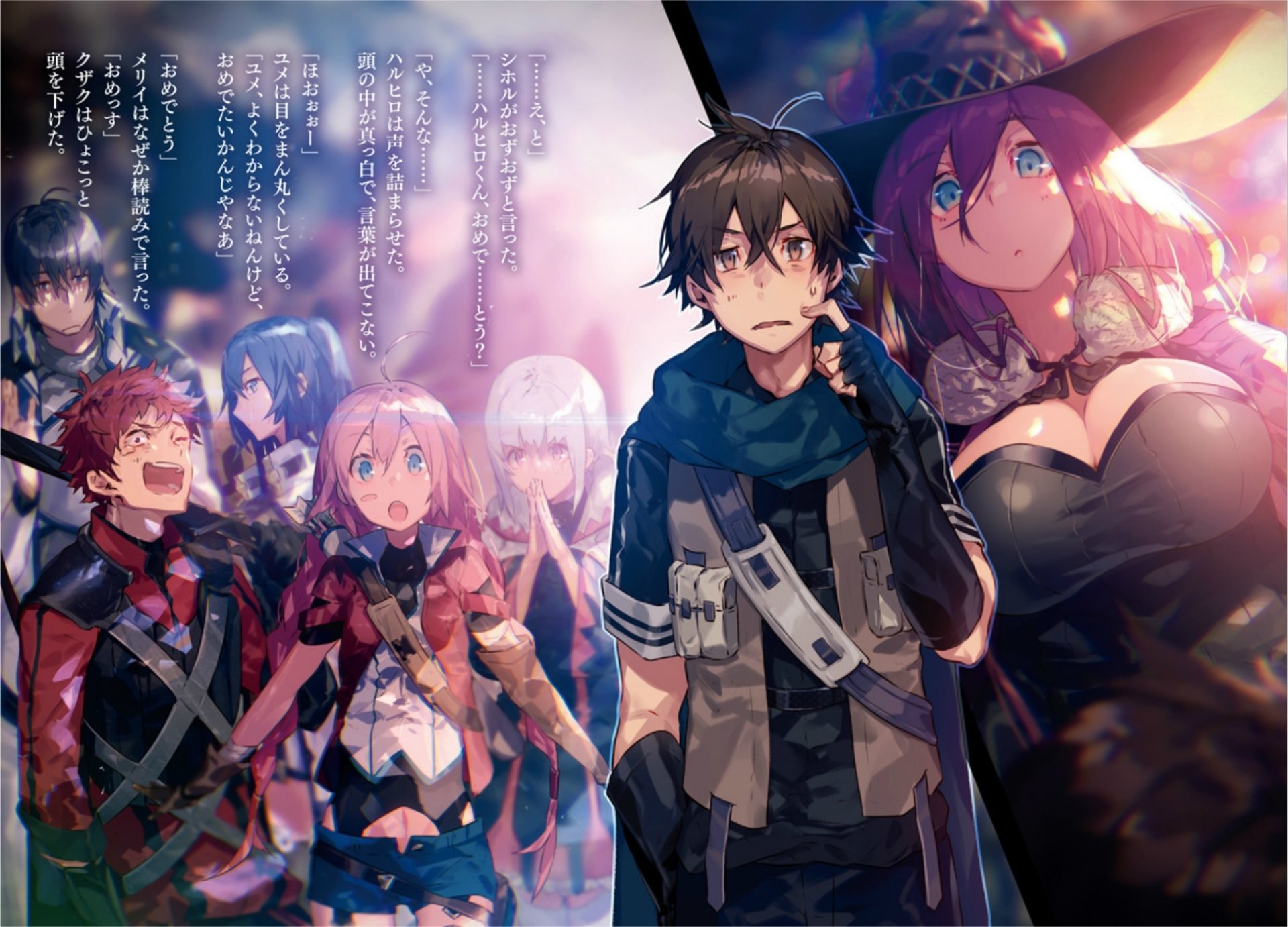 A vibrant HD wallpaper featuring characters Shihoru, Mary, Yume, Haruhiro, and Ranta from Grimgar of Fantasy and Ash, showcasing their adventurous spirit in a fantasy setting.