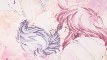 HD desktop wallpaper of Kou Mabuchi and Futaba Yoshioka from the anime Ao Haru Ride, featuring them sharing a tender moment against a soft pink background.