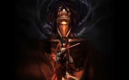 Eren Yeager and Mikasa Ackerman from Attack on Titan stand fiercely in front of a titan, captured in this dramatic HD desktop wallpaper.