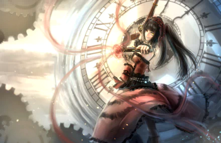A dynamic HD wallpaper featuring an anime character from Date A Live, poised in action against a clockwork backdrop, showcasing intricate details and vibrant colors.