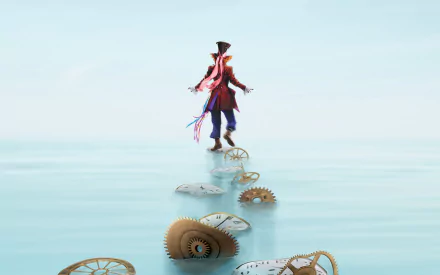 The Mad Hatter from Alice in Wonderland (2010) walks on a surreal path of gears over a tranquil backdrop, creating a whimsical and enchanting desktop wallpaper.