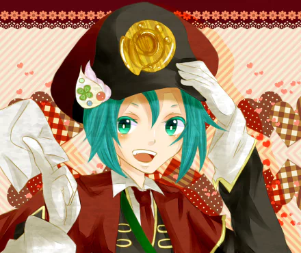 Anime Yu-Gi-Oh! Zexal HD PC desktop wallpaper and background: teal-haired, green-eyed character in a red coat and black tricorn hat with a gold emblem, smiling against a patterned heart backdrop.