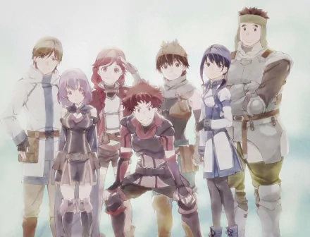 A colorful HD wallpaper featuring characters from Grimgar of Fantasy and Ash: Mary, Haruhiro, Ranta, Yume, Shihoru, and Manato, showcasing their adventurous spirit.