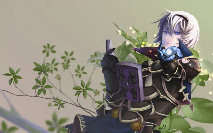 Leo (Fire Emblem), video game mage, reads a grimoire and summons blue magic amid soft green foliage — HD PC desktop wallpaper and background.