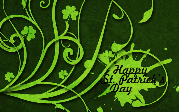HD PC desktop wallpaper featuring green swirling vines and shamrocks with Happy St. Patrick's Day text, capturing the festive holiday spirit.