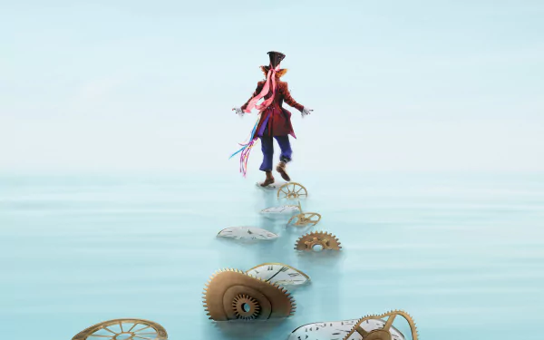 The Mad Hatter from Alice in Wonderland (2010) walks on a surreal path of gears over a tranquil backdrop, creating a whimsical and enchanting desktop wallpaper.