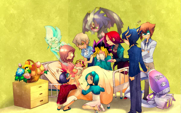 A vibrant HD wallpaper featuring characters from Yu-Gi-Oh! Zexal gathered around a hospital bed, expressing support and friendship in a heartfelt scene.
