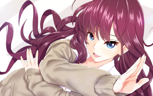 Anime-style HD PC desktop wallpaper featuring a vibrant character from The iDOLM@STER Cinderella Girls with flowing purple hair and striking blue eyes.