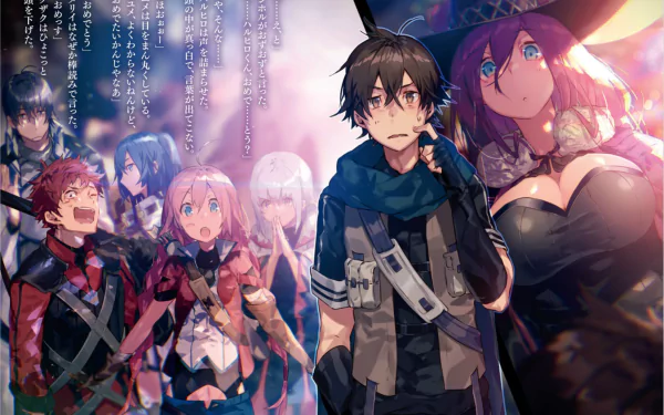 A vibrant HD wallpaper featuring characters Shihoru, Mary, Yume, Haruhiro, and Ranta from Grimgar of Fantasy and Ash, showcasing their adventurous spirit in a fantasy setting.