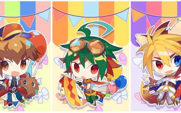 Chibi-style characters from Yu-Gi-Oh! Zexal with colorful balloons and flags on a vibrant background, featured in an HD anime desktop wallpaper.