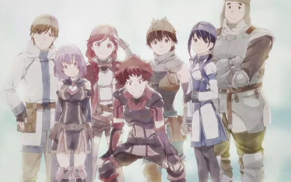 A colorful HD wallpaper featuring characters from Grimgar of Fantasy and Ash: Mary, Haruhiro, Ranta, Yume, Shihoru, and Manato, showcasing their adventurous spirit.