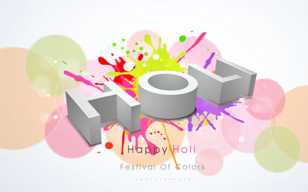 HD desktop wallpaper featuring 3D HOLI text with colorful paint splashes and soft circles, celebrating the vibrant Holi festival of colors.