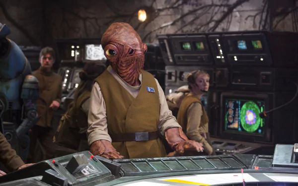 Admiral Ackbar commands the rebel base in a scene from Star Wars Episode VII: The Force Awakens, featured in this HD PC desktop wallpaper.