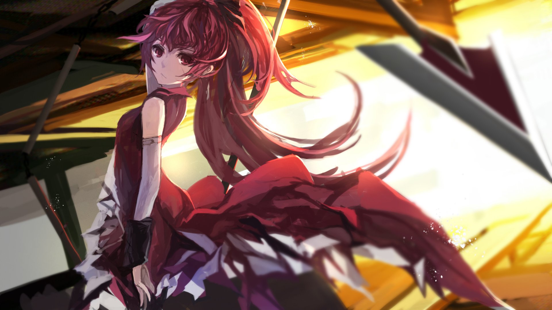 Kyōko Sakura from Puella Magi Madoka Magica, depicted in dynamic anime style with flowing red hair and dress, designed as an HD PC desktop wallpaper.