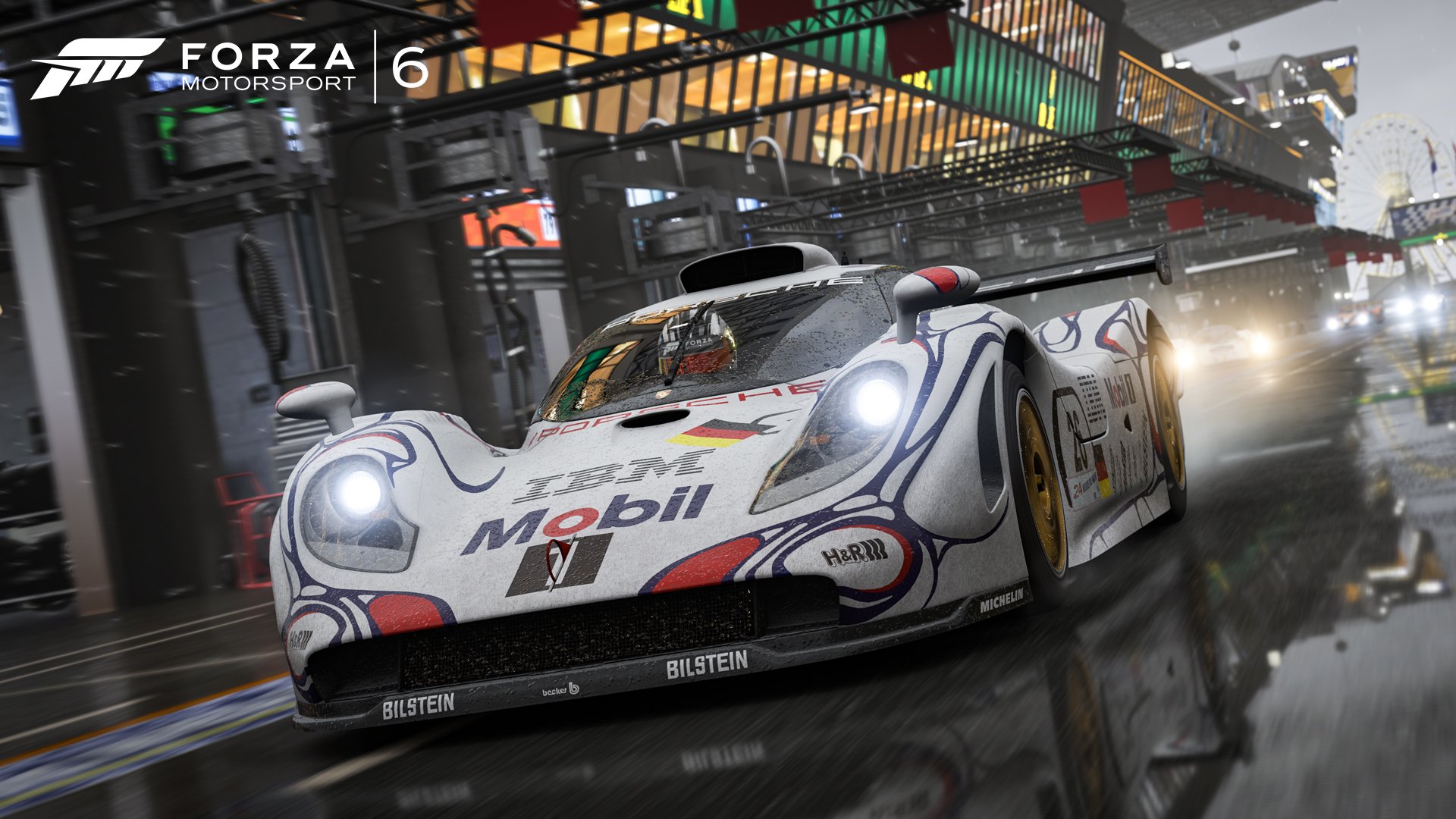 HD PC desktop wallpaper from Forza Motorsport 6 video game: white racecar blasts through a rainy, neon-lit city circuit, headlights and wet asphalt reflecting motion.