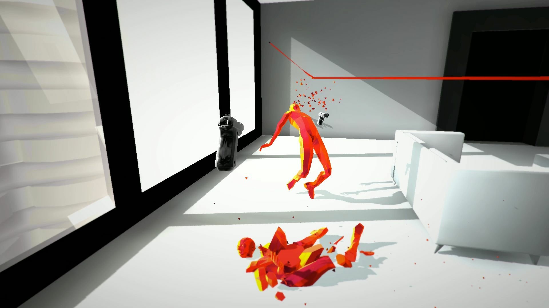 HD desktop wallpaper featuring a scene from the game SUPERHOT with stylized red figures and stark black-and-white environment.