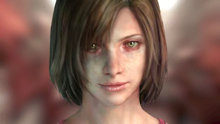 HD PC desktop wallpaper: close-up of a pale, short-haired woman from the video game Silent Hill 4: The Room, her eyes intense against a blurred red-tinted background.