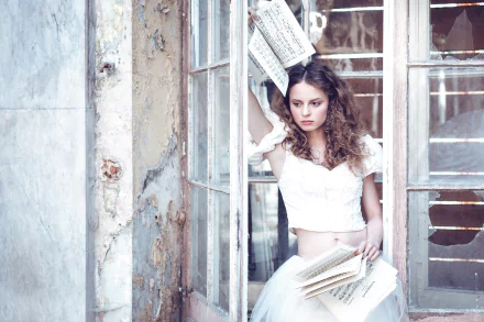HD PC desktop wallpaper of a brunette woman model with brown eyes in a white dress, holding sheet music and surrounded by pages near a weathered window frame.