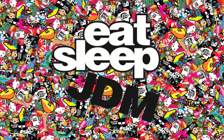 Colorful HD wallpaper with the phrase eat sleep JDM amidst a vibrant collage of JDM-themed graphics and icons.