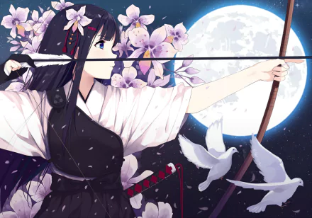 A striking anime scene features a girl in a kimono with long purple hair and blue eyes, wielding a bow and arrow against a moonlit backdrop adorned with flowers and doves.