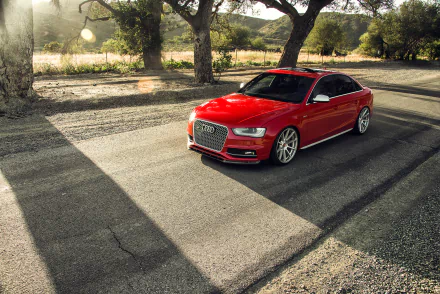 HD desktop wallpaper featuring a red Audi S4 parked on a sunlit rural road, showcasing the sleek design of this Audi vehicle.