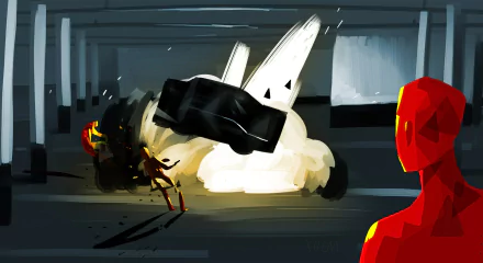 HD desktop wallpaper of SUPERHOT game featuring an explosive action scene with stylized characters in a dynamic combat environment.