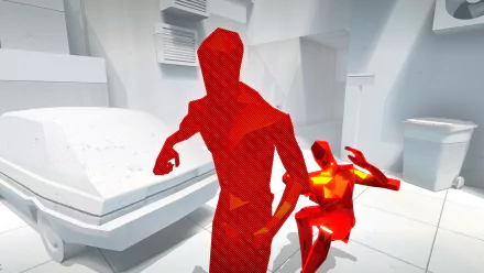 HD wallpaper of SUPERHOT game featuring red crystal-like figures in a white minimalistic environment.