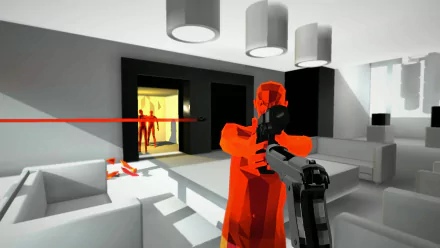 HD desktop wallpaper from the game SUPERHOT featuring a first-person view with a gun aimed at red silhouettes in a stylized white room.
