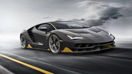 Black Lamborghini Centenario on a road under a cloudy sky, featured as an HD desktop wallpaper and background.