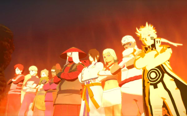 A vibrant HD wallpaper featuring characters from Naruto, including Yagura, Utakata, Yugito Nii, and Naruto Uzumaki, set against a dramatic fiery background from Naruto Shippuden: Ultimate Ninja Storm 4.