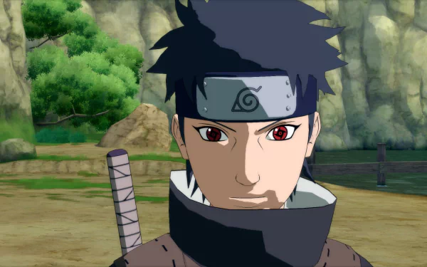 Shisui Uchiha from Naruto Shippuden: Ultimate Ninja Storm 4, depicted in a vibrant HD wallpaper, showcases his signature Sharingan and determined expression against a natural backdrop.