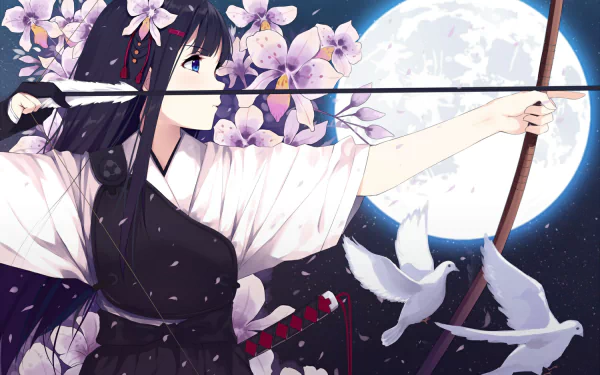 A striking anime scene features a girl in a kimono with long purple hair and blue eyes, wielding a bow and arrow against a moonlit backdrop adorned with flowers and doves.