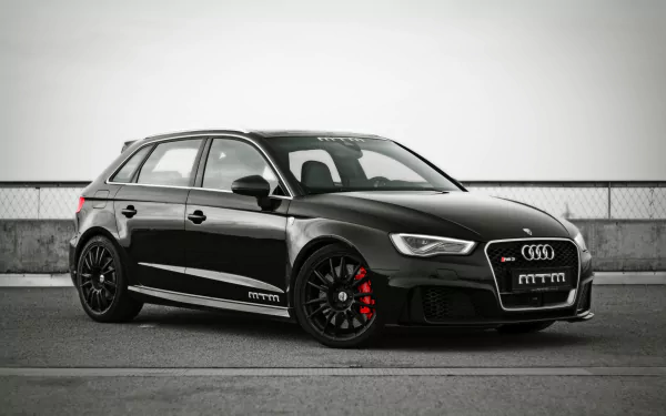 A sleek black Audi RS3 parked against a minimalist backdrop, showcasing its sporty design and distinctive features, captured in stunning 4K Ultra HD resolution.
