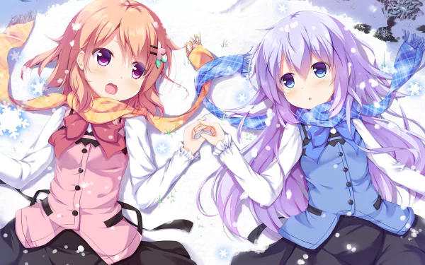 A winter scene featuring Kokoa Hoto and Chino Kafū from Is the Order a Rabbit, with pink and purple hair, colorful scarves, and a snowy background, creating a cheerful atmosphere.
