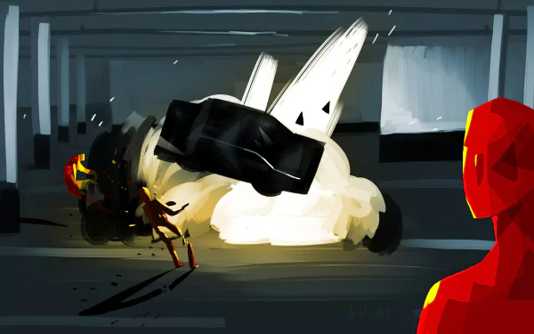 HD desktop wallpaper of SUPERHOT game featuring an explosive action scene with stylized characters in a dynamic combat environment.