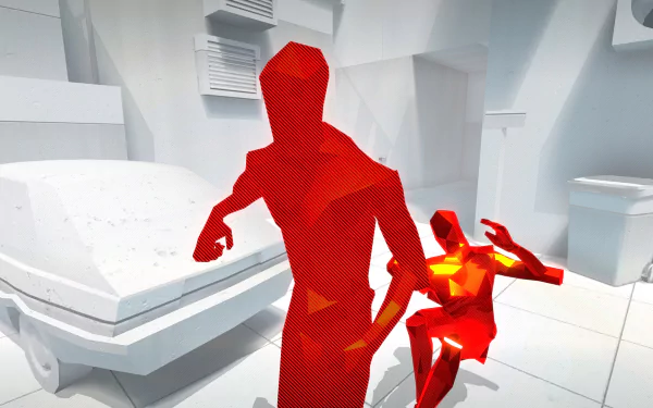 HD wallpaper of SUPERHOT game featuring red crystal-like figures in a white minimalistic environment.