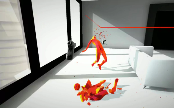 HD desktop wallpaper featuring a scene from the game SUPERHOT with stylized red figures and stark black-and-white environment.