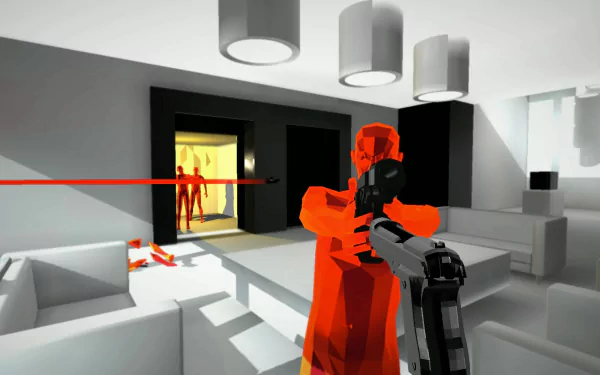 HD desktop wallpaper from the game SUPERHOT featuring a first-person view with a gun aimed at red silhouettes in a stylized white room.