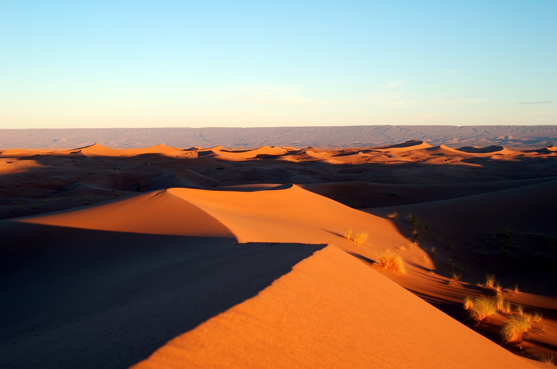 A stunning HD desktop wallpaper showcasing the golden sand dunes of a Moroccan desert under a clear sky on the horizon.