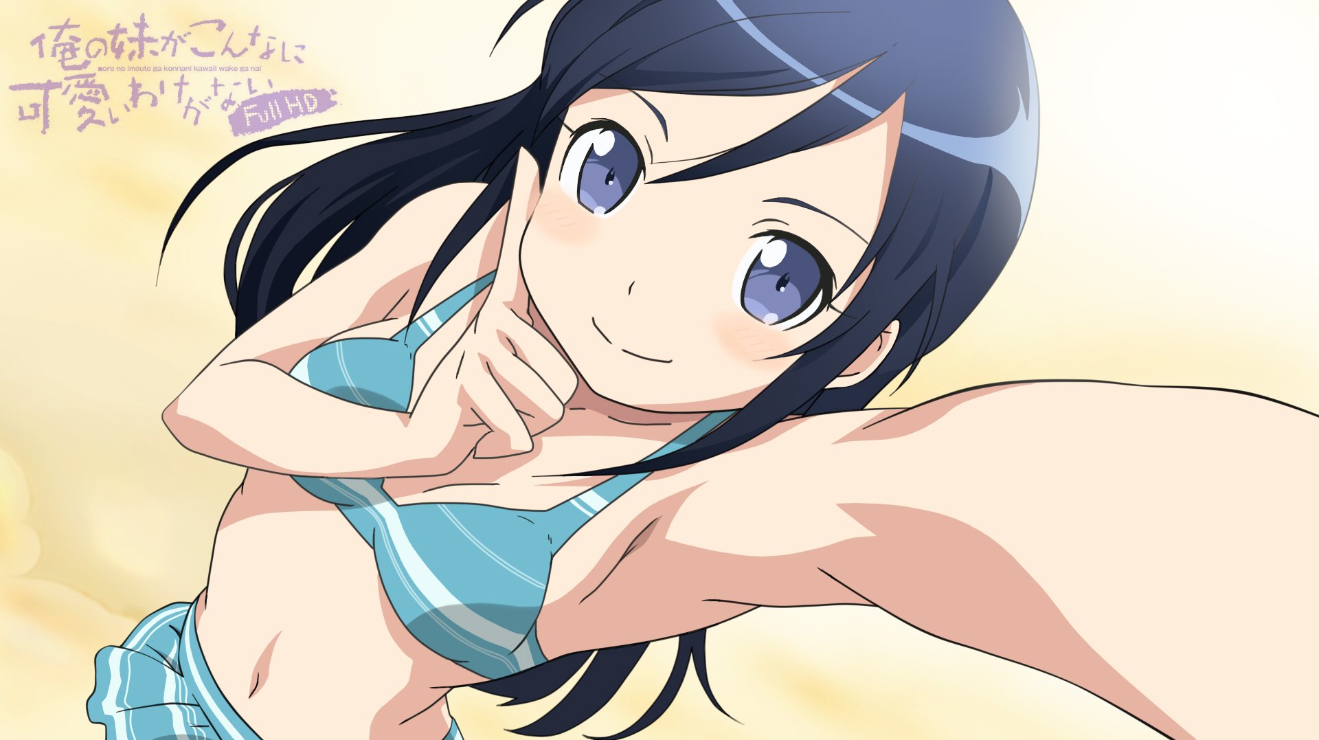 HD PC desktop wallpaper featuring Ayase Aragaki from the anime Oreimo, depicted in a blue striped bikini with a bright, cheerful expression.