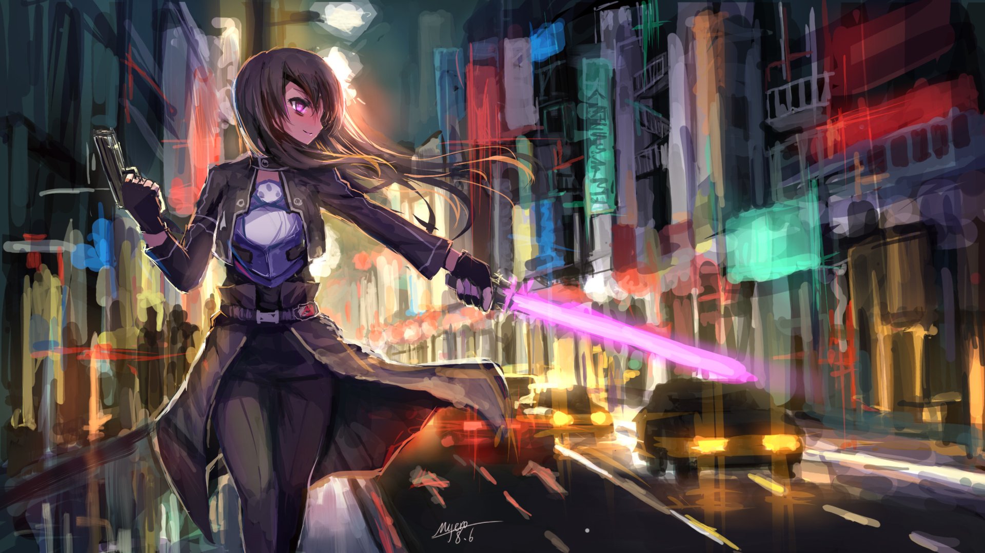 A dynamic HD wallpaper featuring Kirito from Sword Art Online, showcasing his purple eyes and long hair as he wields a sword and a gun amidst a vibrant city backdrop.