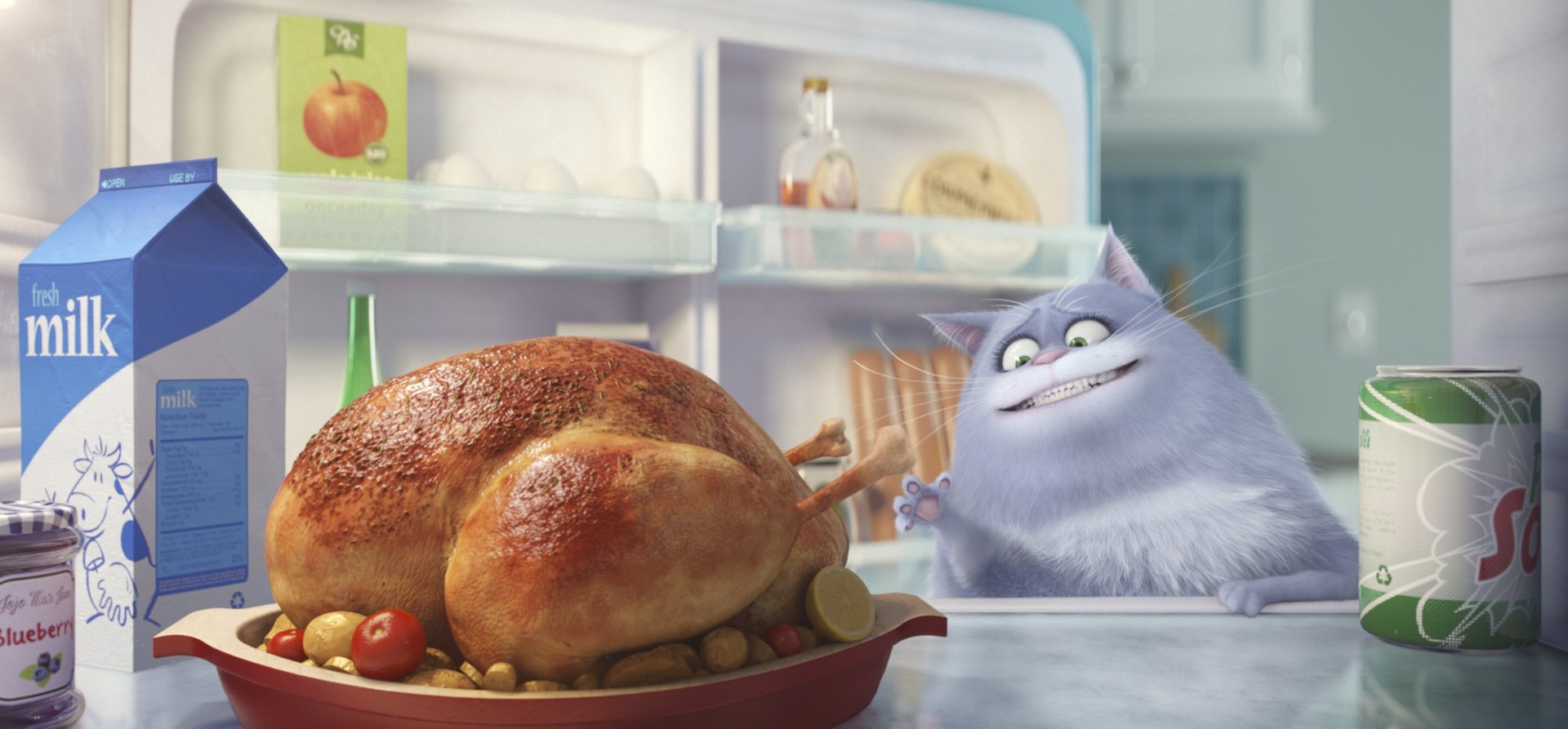 A vibrant HD wallpaper from The Secret Life of Pets, featuring a fluffy gray cat excitedly eyeing a perfectly roasted turkey in a bright kitchen setting.
