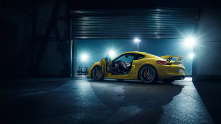A yellow Porsche Cayman GT4 sports car with its door open, illuminated in a dark industrial setting, captured in high definition as a PC desktop wallpaper.