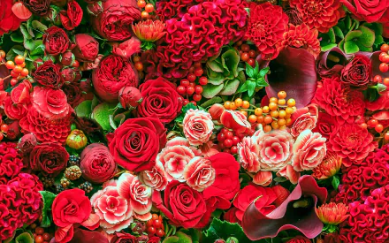 A vibrant display of red flowers, including calla lilies, begonias, dahlias, and roses, surrounded by lush green leaves, creating a stunning HD desktop wallpaper.