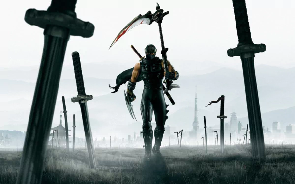 A shadowy ninja stands amidst a field of swords, wielding a weapon, in this striking HD desktop wallpaper inspired by Ninja Gaiden II. The dramatic landscape adds an air of tension and adventure.