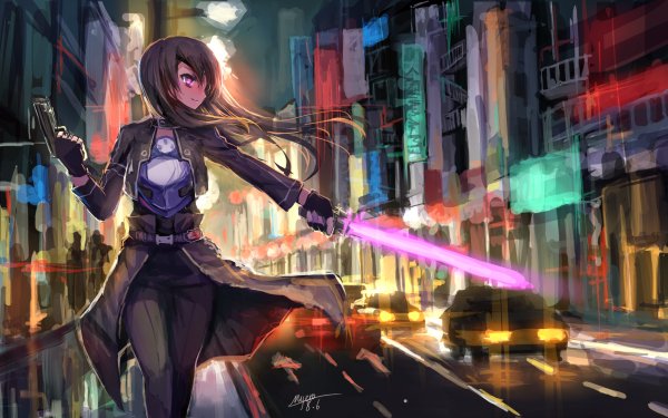 Anime Sword Art Online II Sword Art Online Sword Gun Weapon City Long Hair Purple Eyes Kirito HD Wallpaper | Background Image